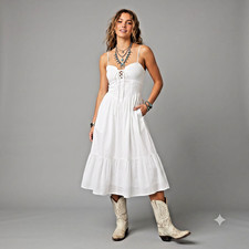Windsor Lace-Up Size L White Midi Coquette Prairie Straps Flowy Gauzy