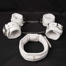 PU Leather White Neck Collar Handcuffs Ankle Cuffs BDSM Bondage Restraint Set US