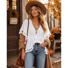 Show Me Your Mumu White Tassel Boho Blouse Small V Neck Flutter Sleeve Festival