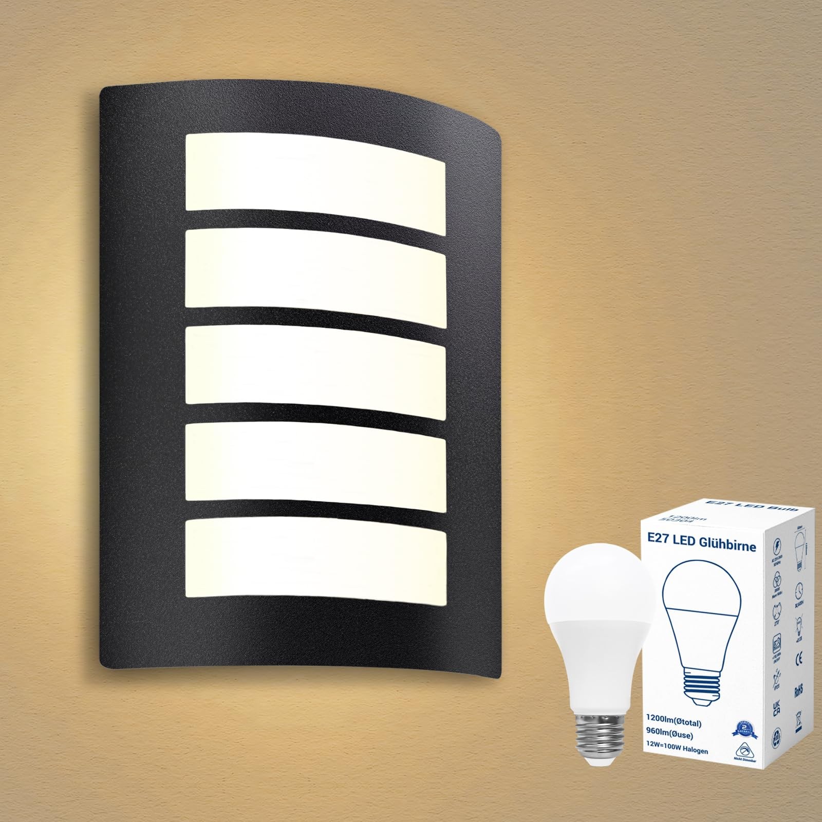 Applique E27 étanche IP44 avec ampoule LED 12W noire en ABS pour une lumière durable