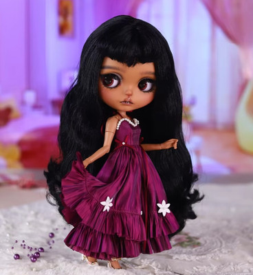 Black Skin Neo Blythe Doll Custom OOAK Painted Eyebrows Matte Face Different Wig