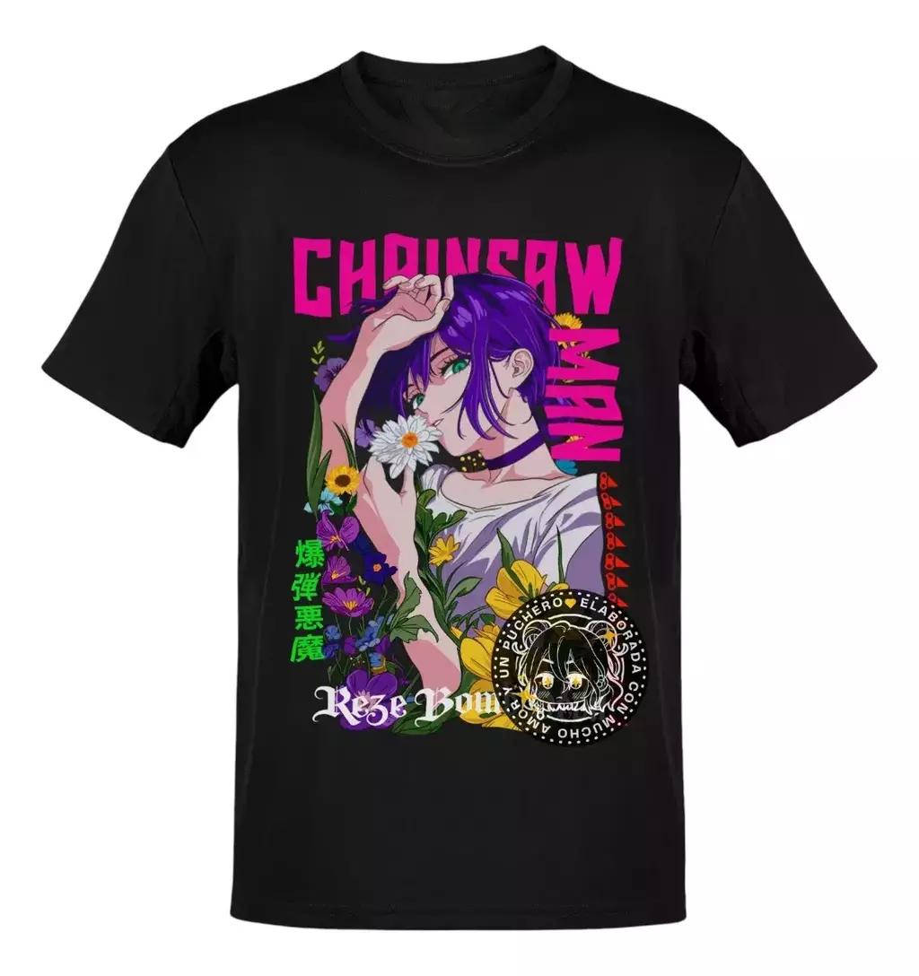 Anime Chainsaw Man Reze Flores Letras Rosas T-Shirt Size S-5XL