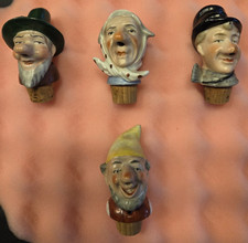 4 Vintage Porcelain Head Bottle Stoppers With Nose Pourers All Marked "Foreign"