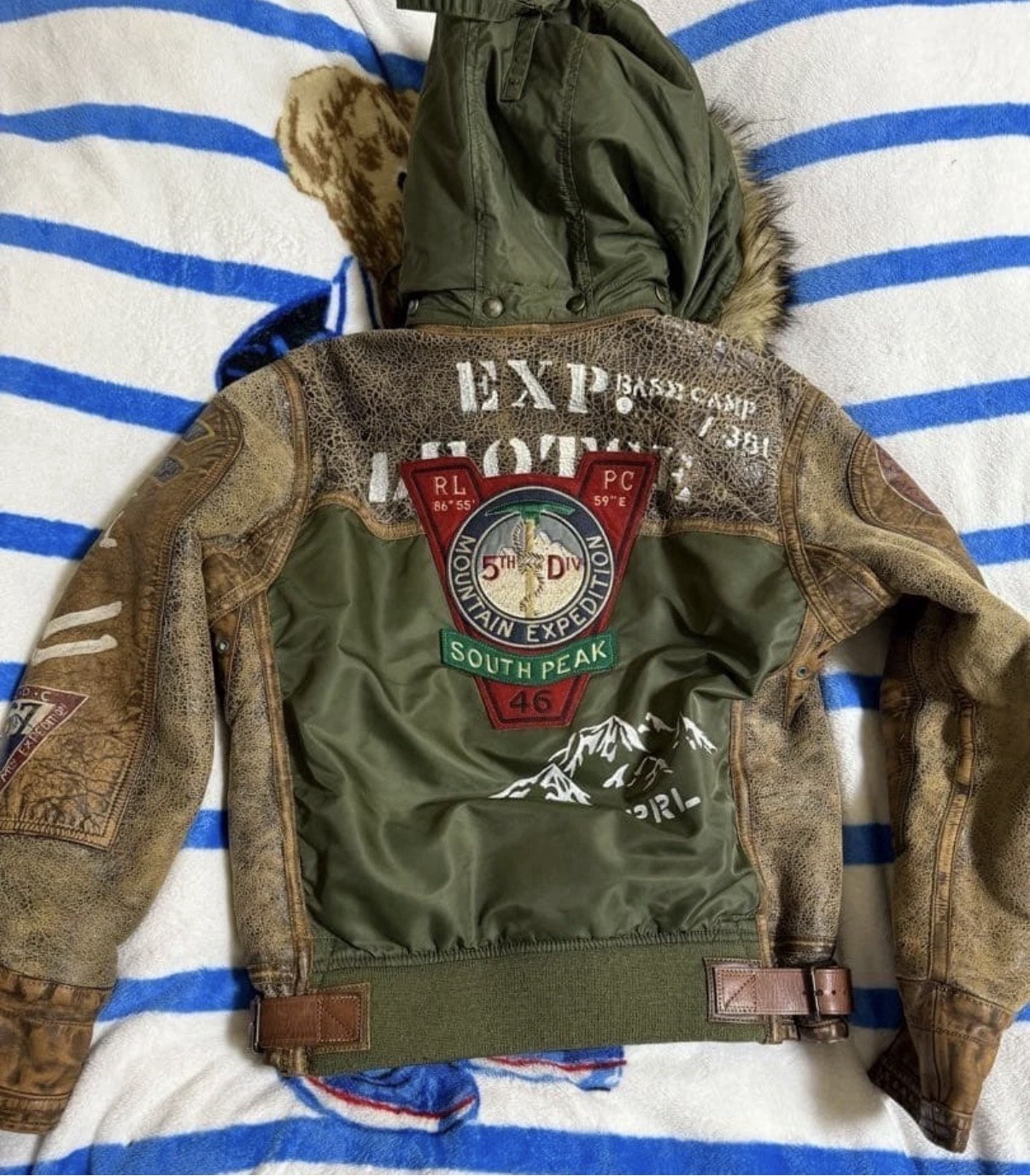 Y2K Polo Country Ralph Lauren Leather Shearling Graphic Bomber Jacket Size S image 6