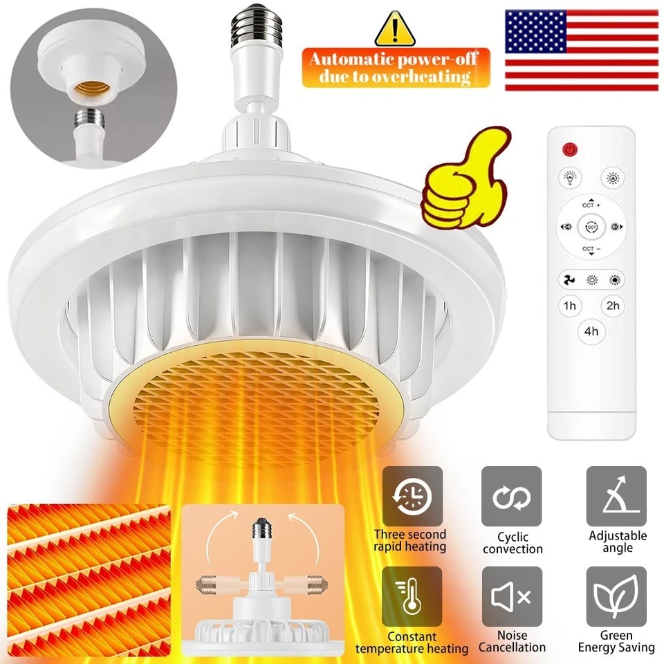 4PCS E27 Bathroom LED Light Heater 600W Ceiling Heating Fan Lamp Remote Control - Image 2 of 4