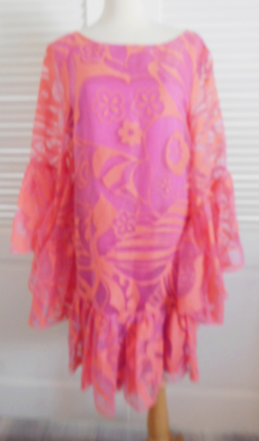 Trina Turk Sheer Orange Over Pink  Sateen Blousen Dress Full Bell Sleeve Sz~XL