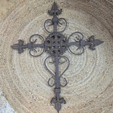 Vtg Large Heavy Cross Fleur de Lis Decorative Cast Wrought Iron Garden Home 22.5