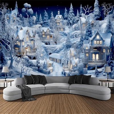 3D Town Snow Scene Wall Tapestry - Winter Wonderland Backdrop with Snowy Houses,