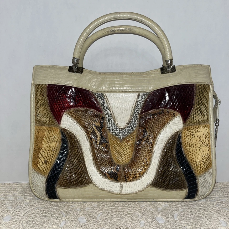 Cartera/bolso de mano de piel de serpiente exótica natural beige original de Caprice Patchwork Foto 2 de 4