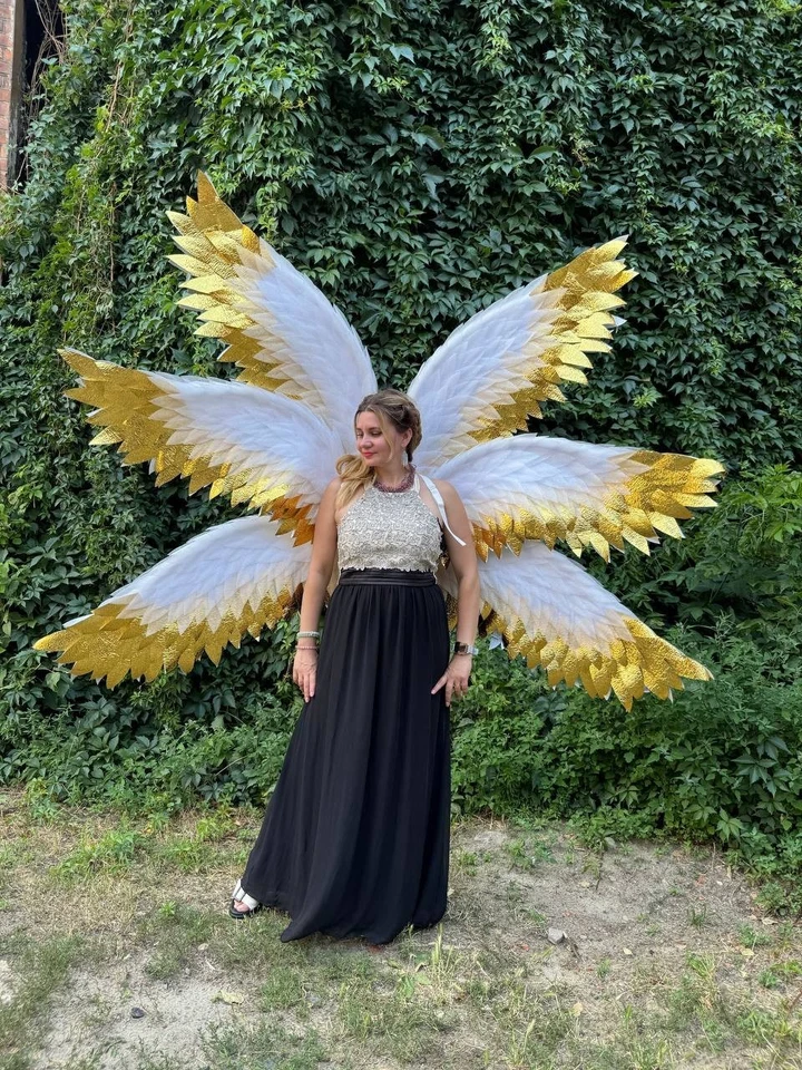 White and Gold Angel Costume with 6 Wings Six Wings Costume Photo Shoot - Image 2 of 4
