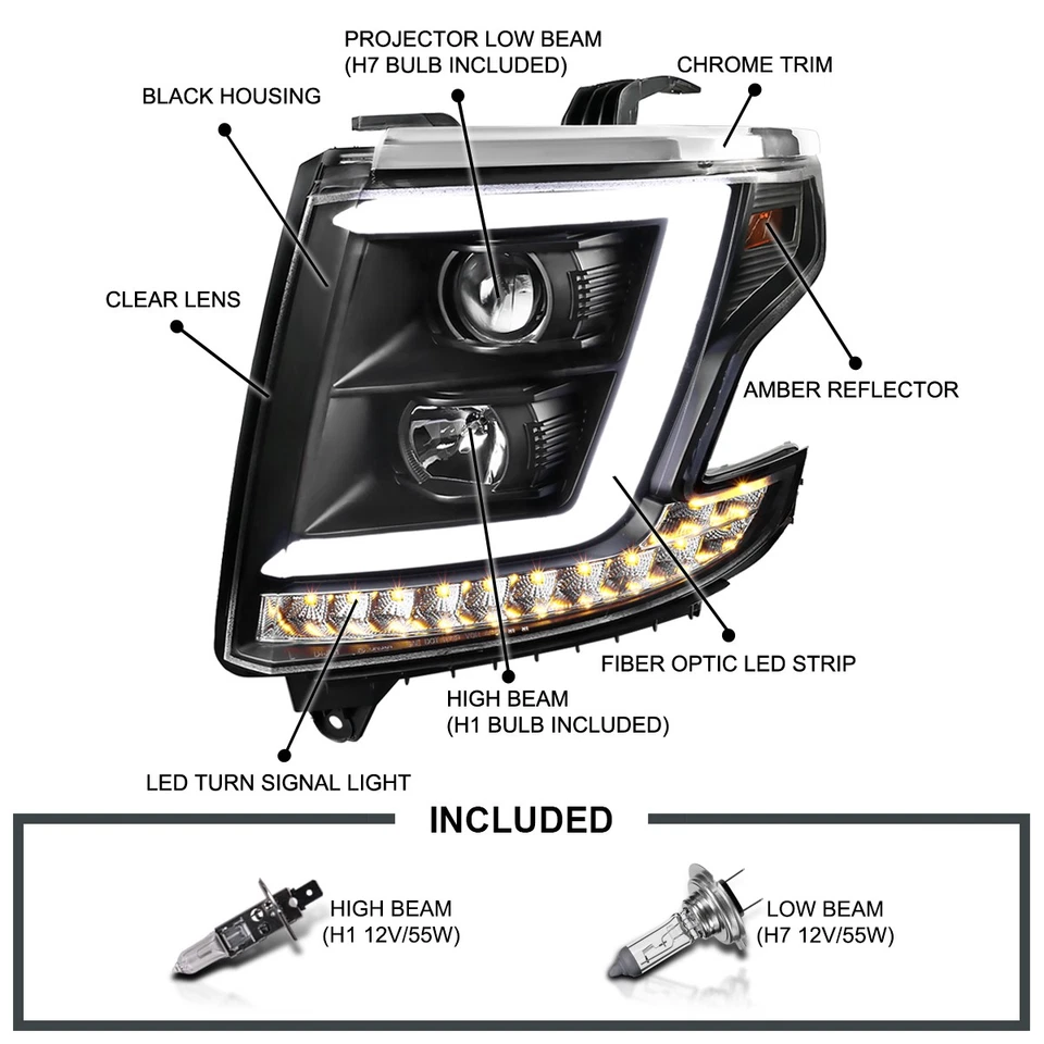 Black Fits 2015-2020 Chevy Tahoe Suburban Projector Headlights LED Bar Strip - Imagem 3 de 4