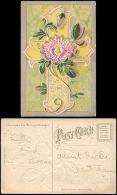 Glückwunsch Ostern / Eastern US Card Flowers Jugenstil 1908 Silberrand