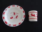 Vintage Red & White Milk Glass Children's Bowl & Cup with Animal Motif