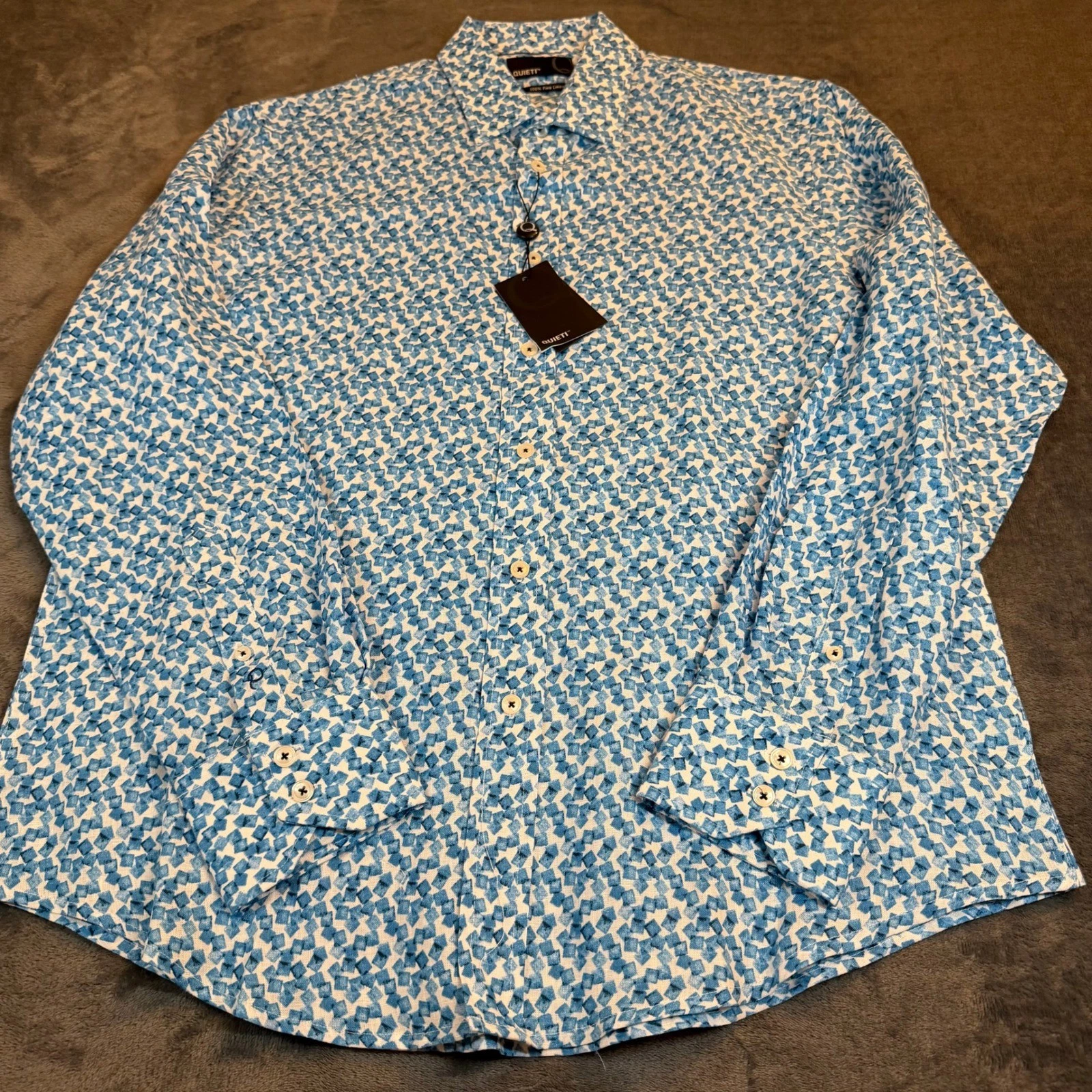 Quieti Blue White Geometric Square Print 100% Fine Linen Shirt Mens Lare NWT