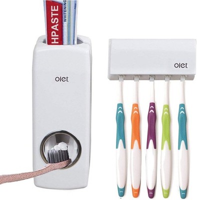 Toothpaste Dispenser & Toothbrush Holder Set Wall Mounted Automatic Toothpaste