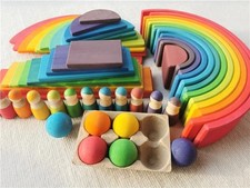 Wooden Rainbow Arch Stacking Blocks Montessori Sorting Peg Dolls Kids Toy