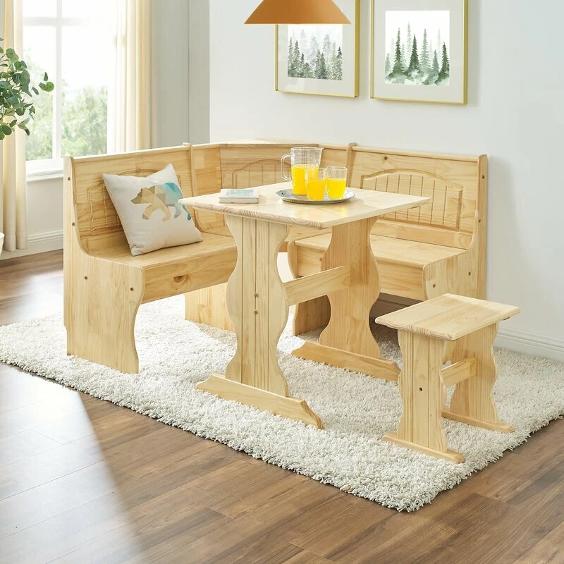 3 pc Natural Wooden Breakfast Nook Dining Set Corner Booth Bench Kitchen Table
