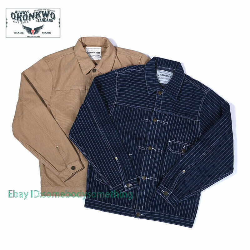 Mens Classic Wabash Striped Denim Jacket Cargo Khaki Jacket