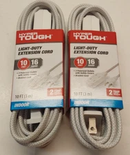 Lot of 2 Hyper Tough 10 FT Braided Extension Cord, 16 Gauge, White, 3 Outlets