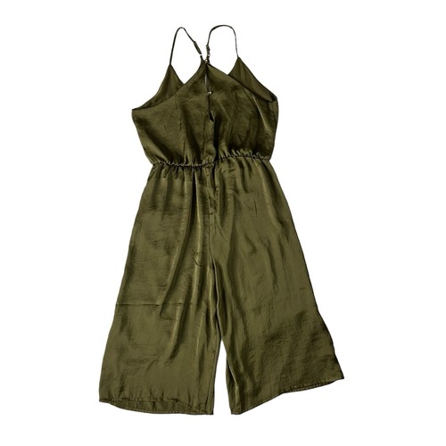 Womens Romper M Green Satin Wide Leg Capri Length Pockets Jumpsuit Xhilaration - Picture 6 of 11