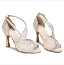 Womens Mesh Diamante Latin Dance Salsa Ballroom Girls High Heel Party Shoes