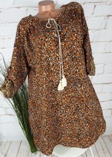 NEW ITALY TUNIC DRESS LEO ANIMAL PRINT TASSELS RUST BROWN 42-46/48