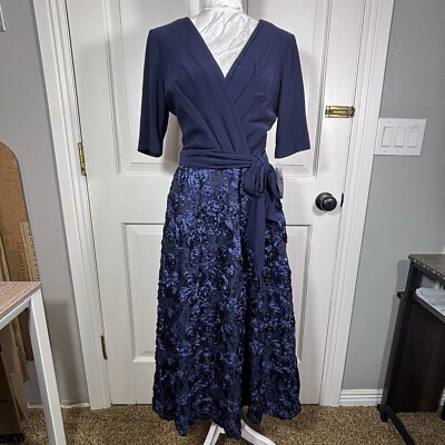 Alex Evenings NWT Floral Rosette Skirt V-Neck Tie Midi Dress Navy Blue Sz 6