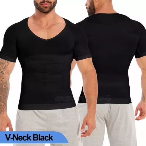Camiseta de compresión para hombre adelgazante modeladora de cuerpo cuello en V ginecomastia abdomen - Imagen 17 de 49