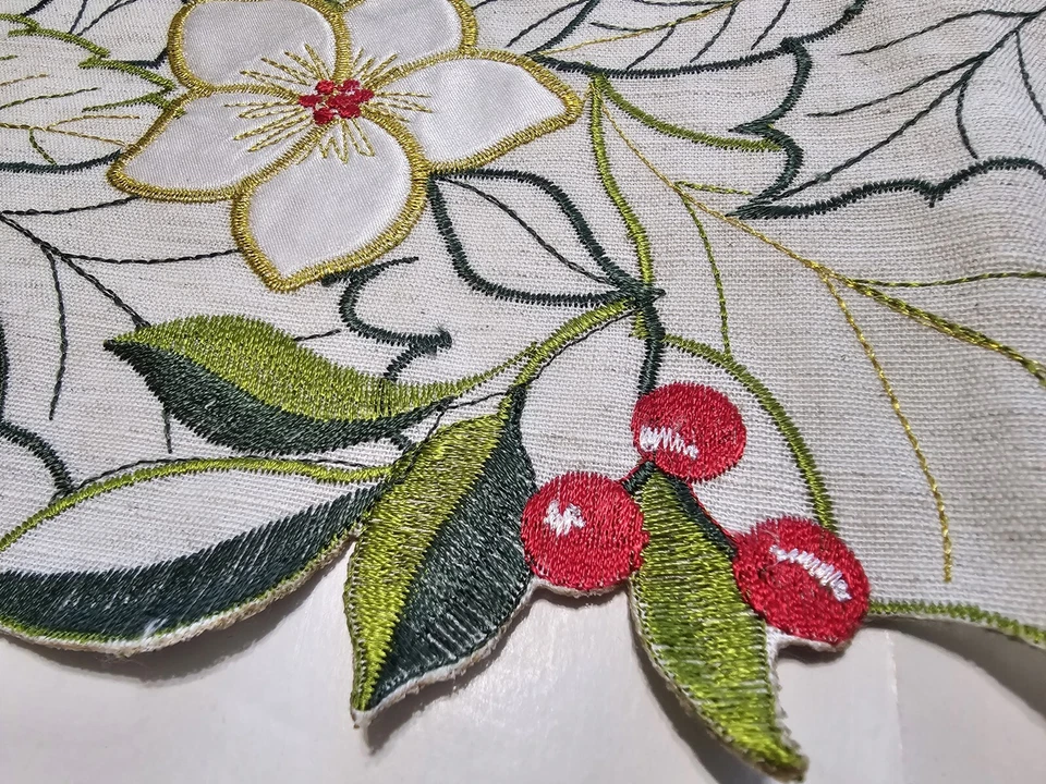 Christmas Embroidered Poinsettia Table Runner  St Nicholas Square Linen Blend - Image 4 of 4