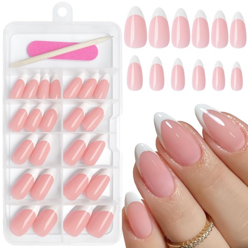French Press on Nails Medium Almond Fake Nails, 120pcs White French Tips Pres...