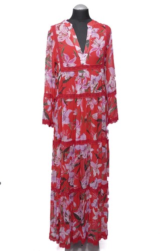 Jadicted Maxi Abito Vestito Lungo Lilly M Rosso Floreale Trasparente Manica Lunga Nuovo