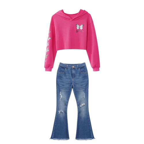 Kids Girls Sweatsuits Bell-bottom Tops With Flared Jeans Fly Ripped Tracksuits - Picture 43 of 59