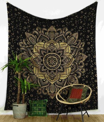 Indian Home Decor Black Gold Ombre Mandala Queen Size Wall Hanging Tapestry US