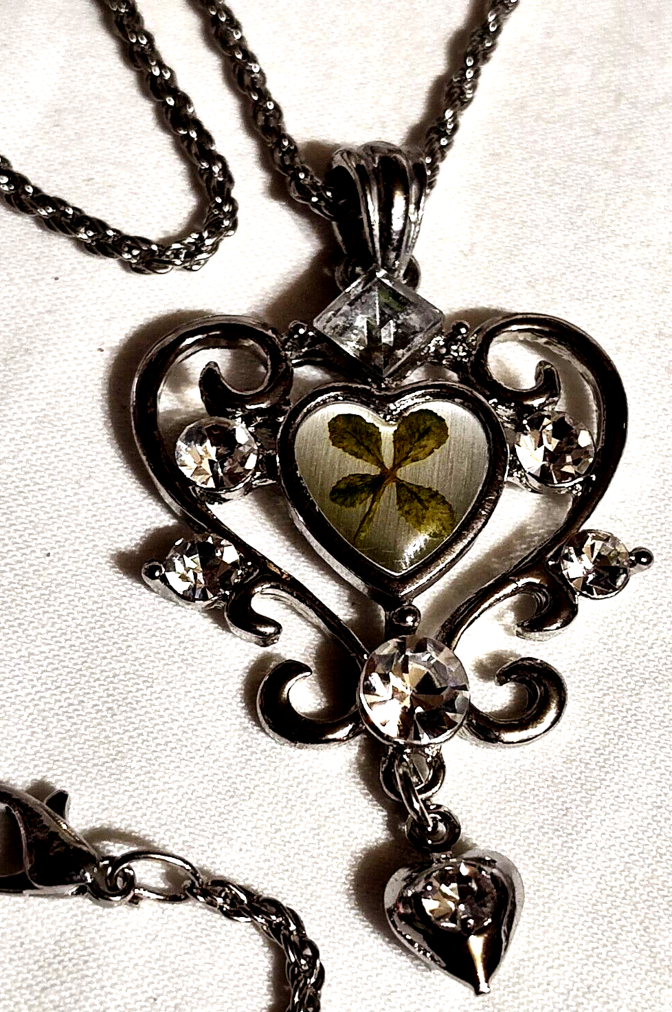 Lucky Heart Pendant Necklace with Shamrock Charm 24 Inch Silvertone Chain  -image