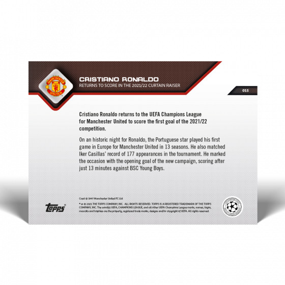 2021 TOPPS NOW UCL #15 CRISTIANO RONALDO - SCORES IN THE 2021//22 CURTAIN RAISER view 2