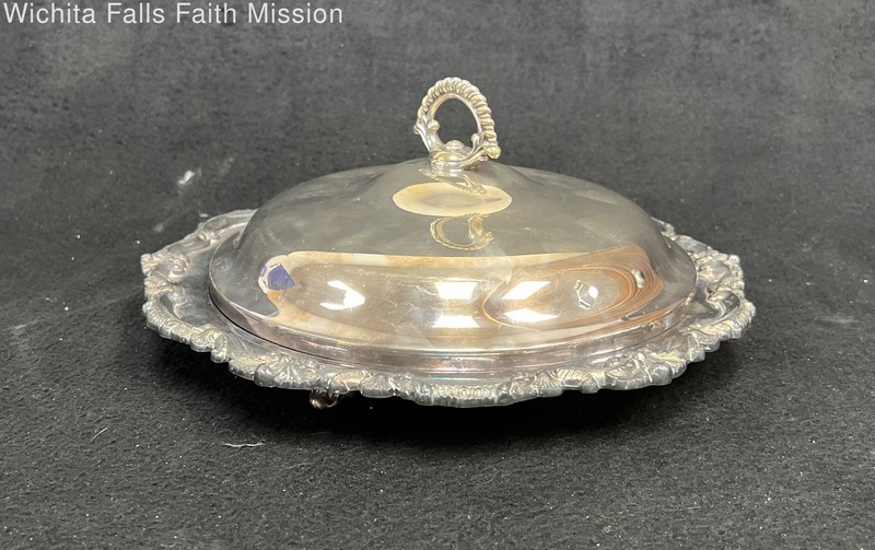 Vintage Silver Plate Covered Serving Dish 3pc Set Tray Bowl Lid Floral Scroll