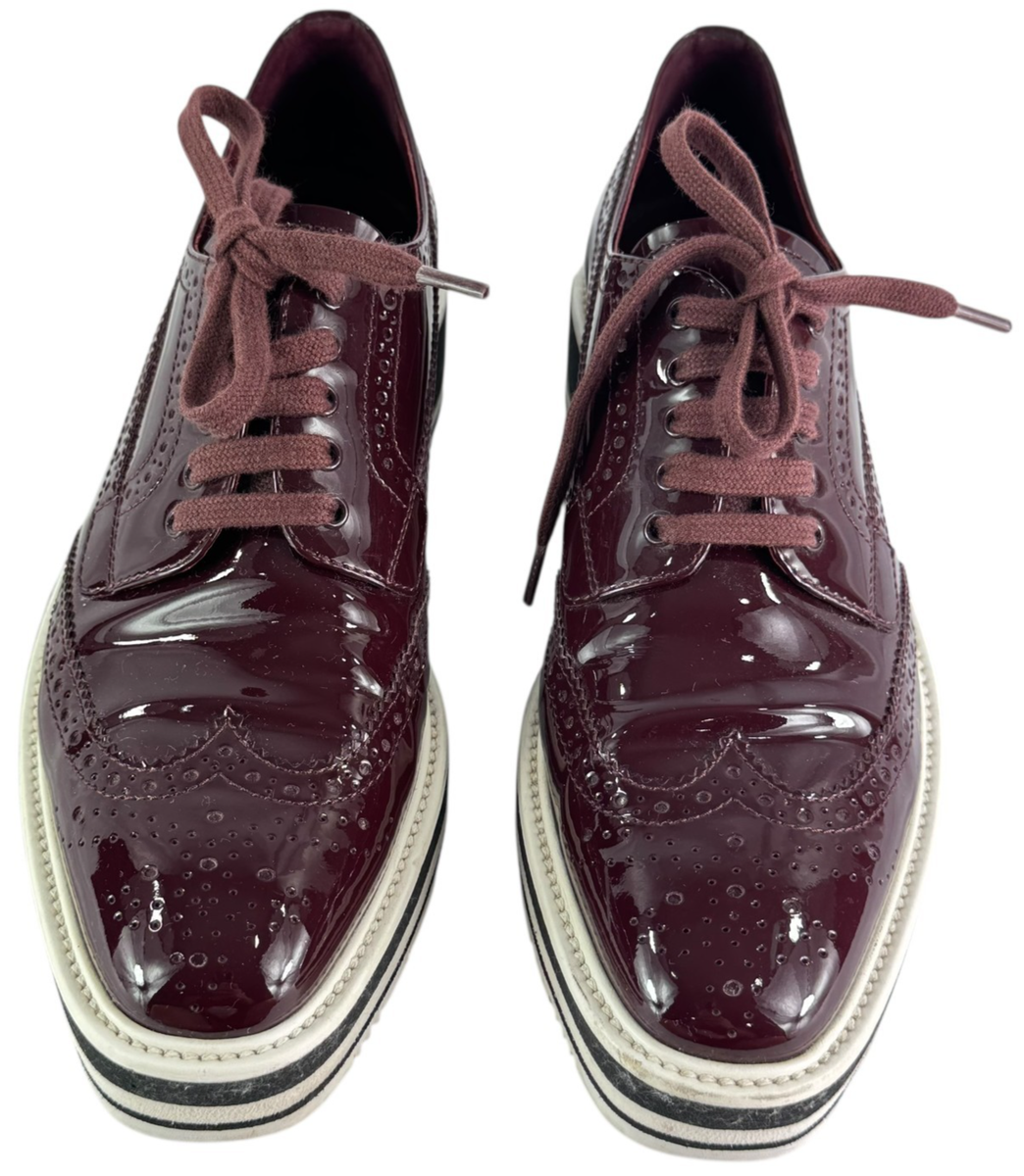 PRADA Brogues Burgundy Patent Leather Women Wingtip Platform