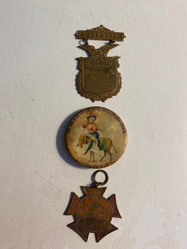 3 RARE 1899 WEST CHESTER PA CENTENNIAL PINBACK BUTTON PLUS 2 CENTENNIIAL BADGES