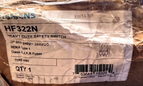Neuf boîte ouverte Siemens HF322N interrupteur de sécurité robuste 60A 3 pôles 240V fusible 4 fils - Photo 5/5