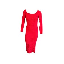 Love Always Bodycon Midi Dress Medium Red Ruched Long Sleeve Ribbed Knit