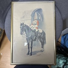 Vintage British Military Mounted Sentry Print By  Charles C. Stadden Framed Wel