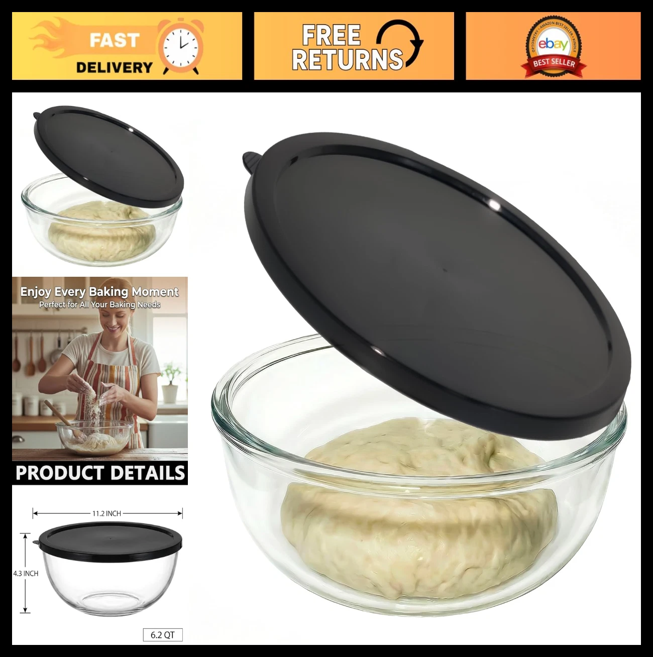 Large Glass Mixing Bowl 6.2QT with Lid for Baking, Salad Prep & Storage