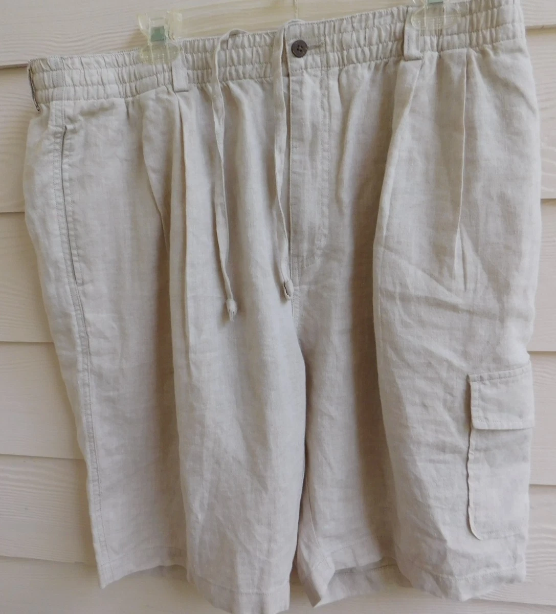 Tommy Bahama Mens Khaki 100% Linen Cargo Shorts Size XL Elastic Waist 10" inseam