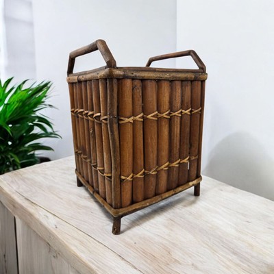 Vtg Mid Century Bamboo Cane Planter Box Stained Handmade Boho Tropical 13x9x9''