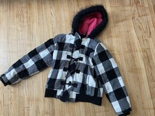 Justice Girl 12/14 Black White Plaid Coat With Faux Fur Trim Hood