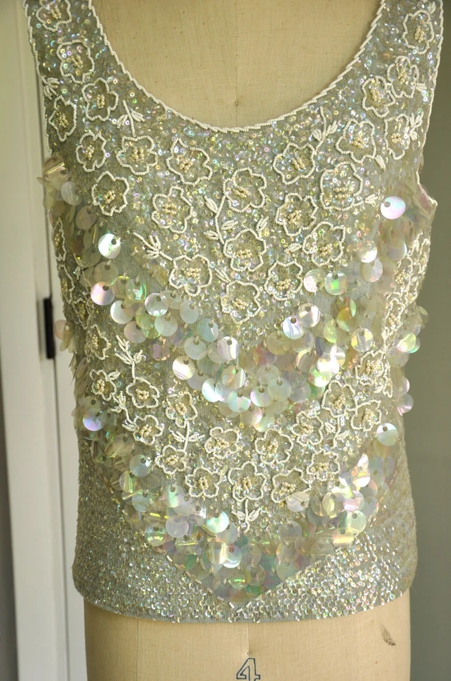 Suéter sin mangas vintage de lentejuelas con cuentas verde espuma de mar de los años 60 vacaciones de otoño XS-M Foto 4 de 4