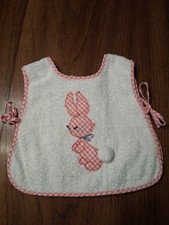 Vintage Baby Terry Cloth Bib w/Pink Bunny Tie at Sides  Back Easter