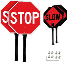 Stop Slow Sign with Metal Handle, 13X13 Inches Double Sided Slow/Stop Sign, Traf