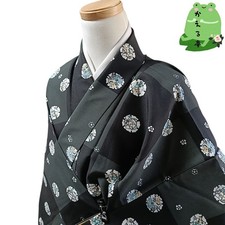 Kaerutei Kimono Small Pattern Black Synthetic Fiber Used Japan