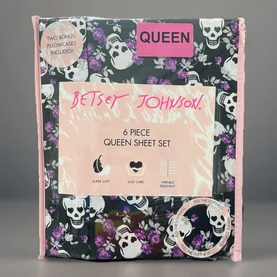 Betsey Johnson Skull Garden Purple Roses 6PC Queen Sheet Set New Halloween